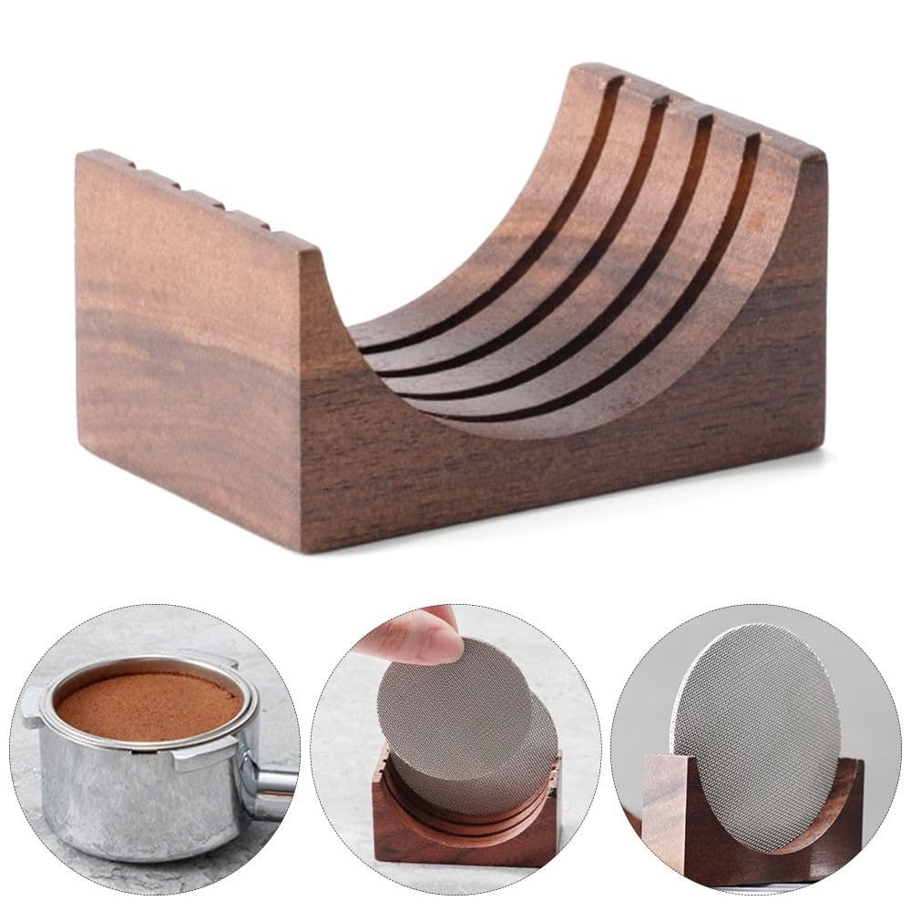 Hobbyme 51/53/58mm Reusable Coffee Filter With Walnut Wood Holder - Puck Screen Stand Set for Espresso Machine
