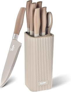 Knife Set, Kitchen Knife Set with Block, 7 Pcs Compact Knife Set, Knife Block Set Space Saving Stainless Steel Kitchen Knives with Scissors for Small Kitchens, Apartment & Everyday Cooking