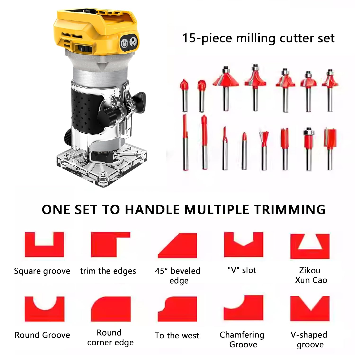 Fresadora superior Compatible con la batería Dewalt 20V, fresa sin escobillas de 1300W, recortadora, fresa de una mano de 6 velocidades, rueda guía, guía recta, 15 fresas y 2 llaves (sin batería)