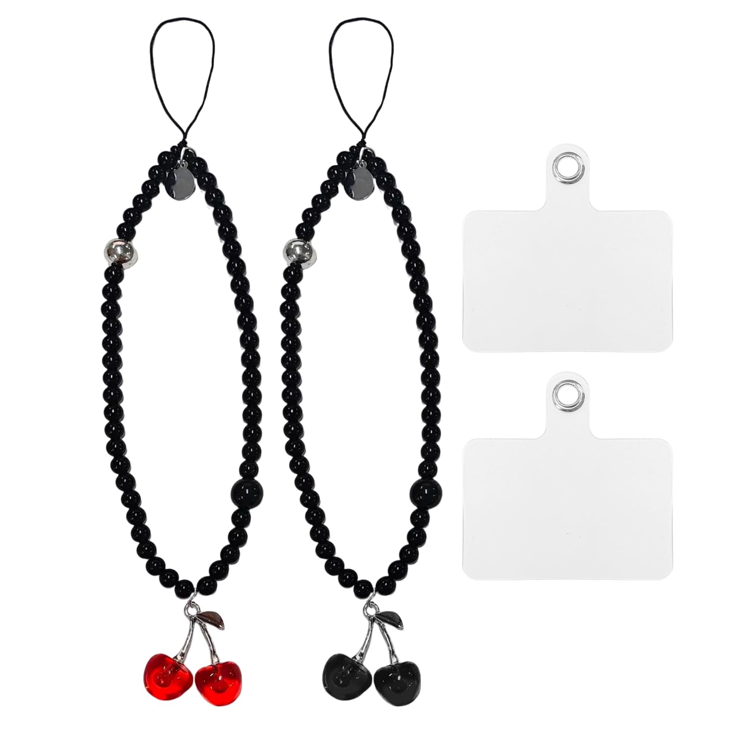 GDFHBD 2 Cherry Mobile Phone Chains And 2 Transparent Gaskets, Sweet Style Lanyard, Mobile Phone Decoration Accessories, Suitable For Personalized Dress Up (Red, Black).
