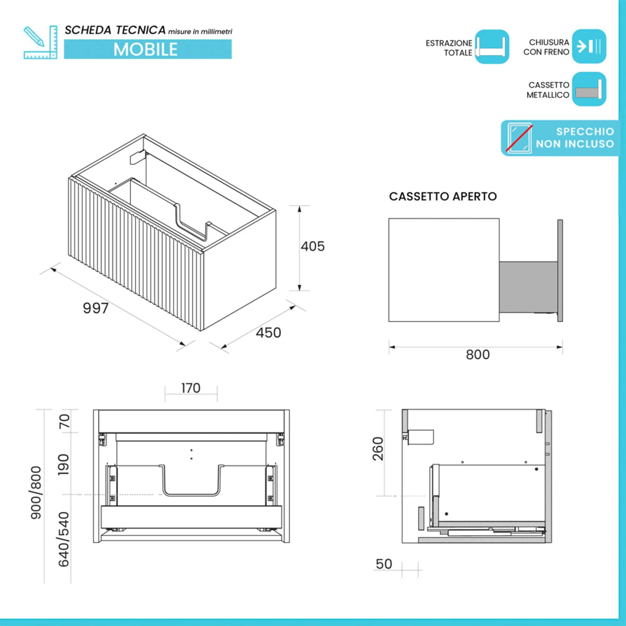 Inbagno Mobile Bagno Sospeso 100 cm Rovere Africa Lavabo Resina Linea Nara