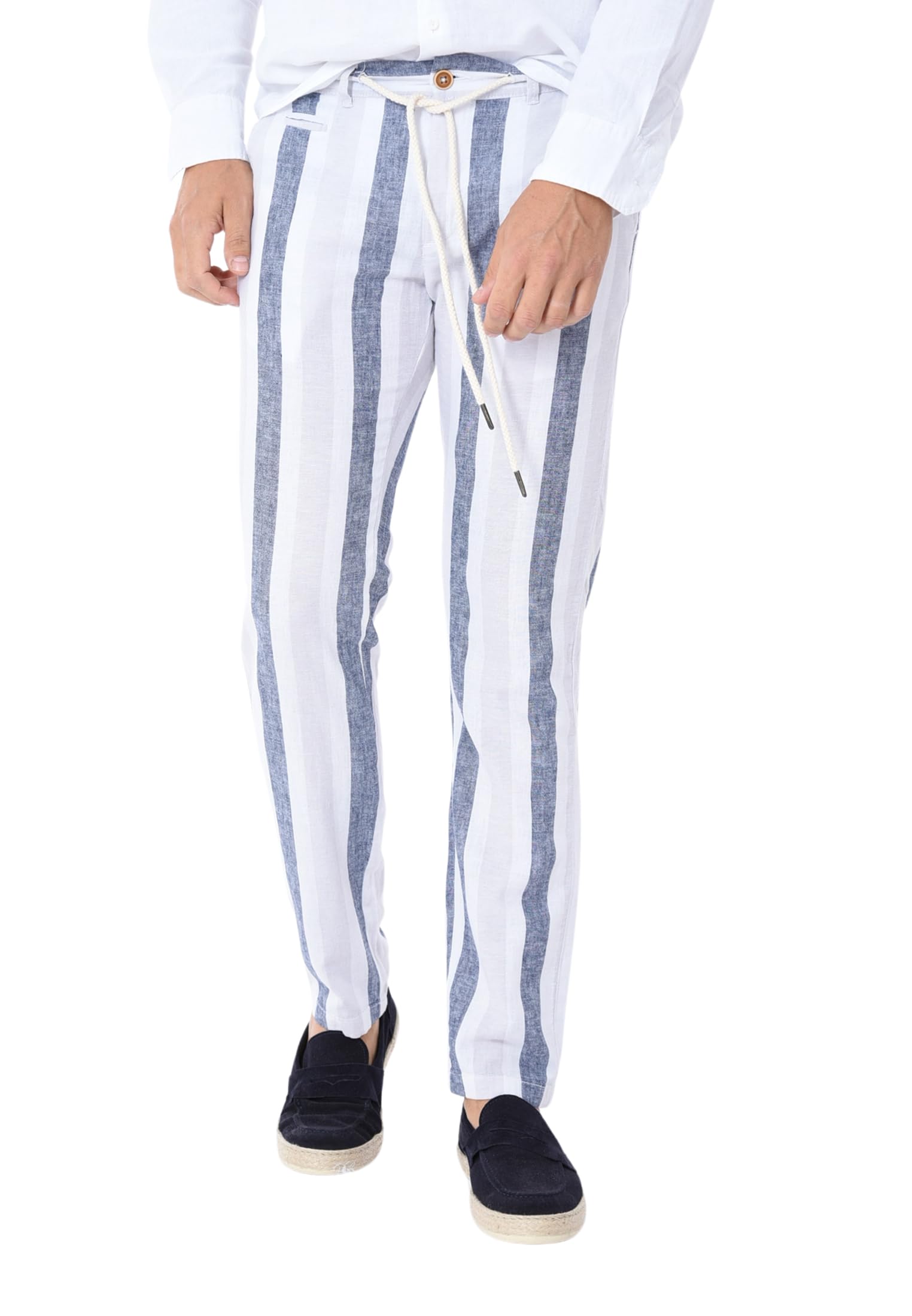 Pantaloni Lino Uomo Estivi a Righe Pantalaccio Eleganti con Laccio in Vita a Fantasia