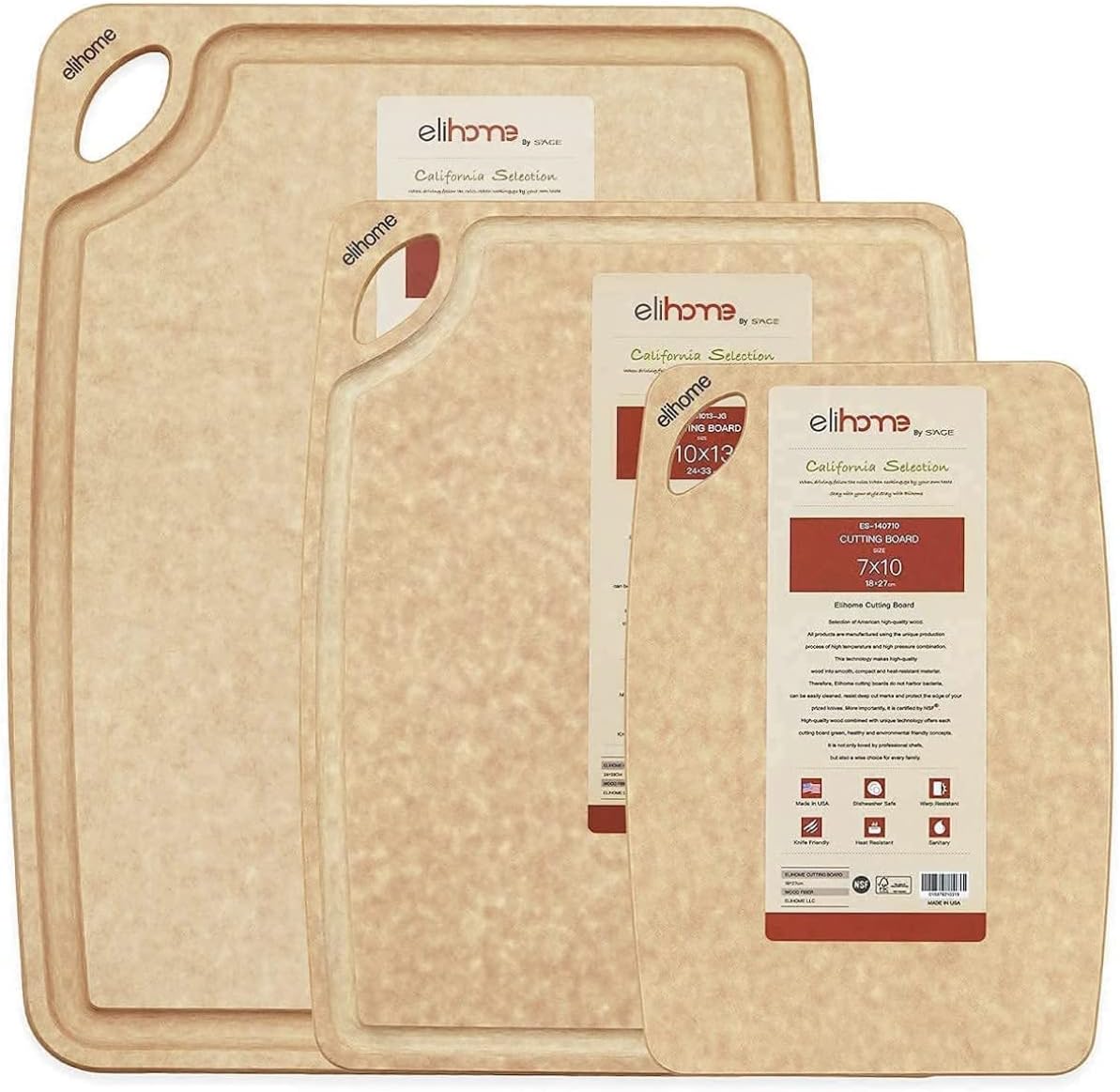 Elihome 3-piece Kitchen Cutting Boards Set, Natural Wood Fiber Composite,Dishwasher Safe, Eco-Friendly, Non-Slip, Juice Grooves with Easy Grip Handles, Non-Porous, Made in USA
