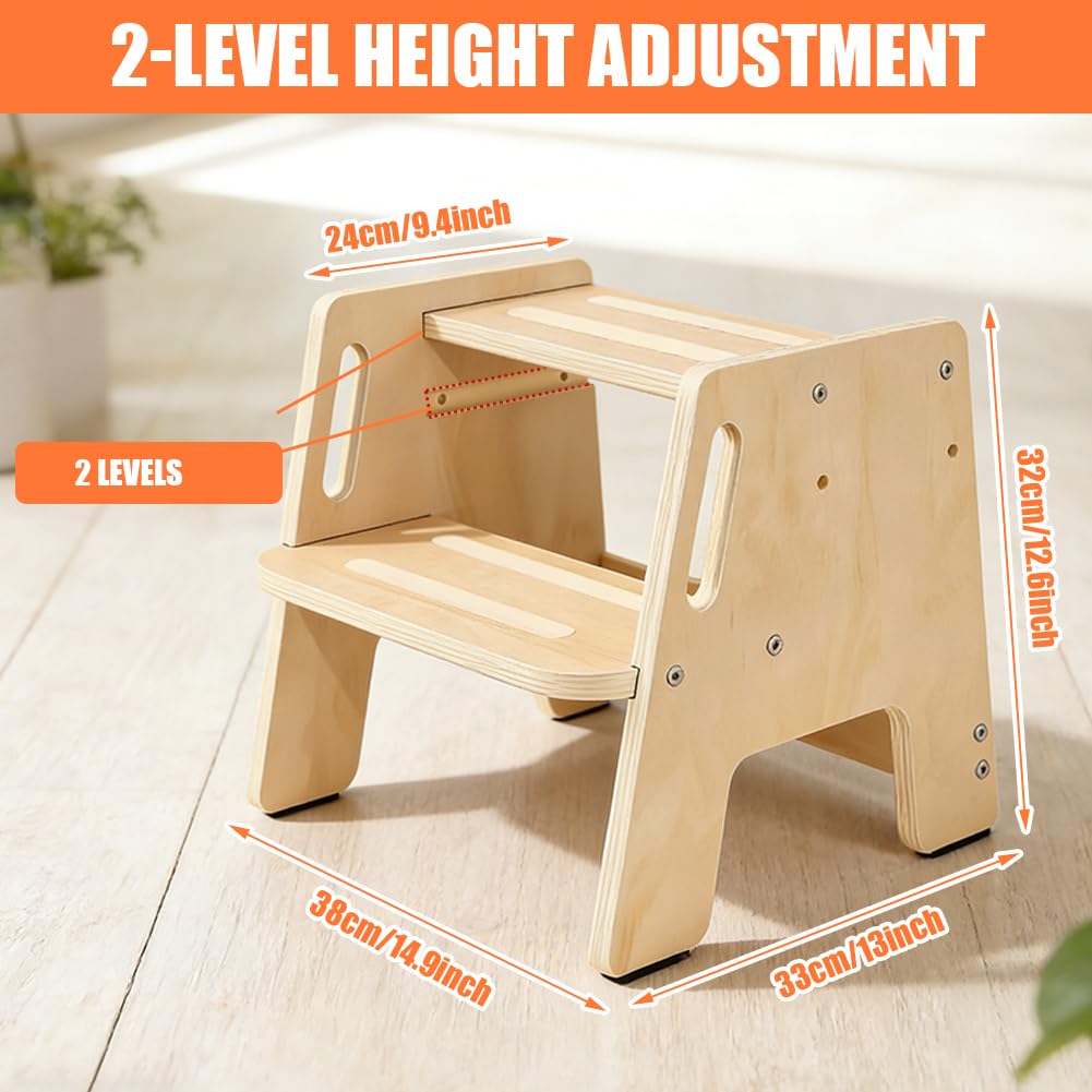 Marchepied en Bois pour Enfant - 2 marches - Antidérapant - avec poignée - Marchepied en Bois Stable pour Salle de Bain, lavabo, Cuisine, Chambre d'enfant - en Bois Massif - Charge maximale : 130 kg