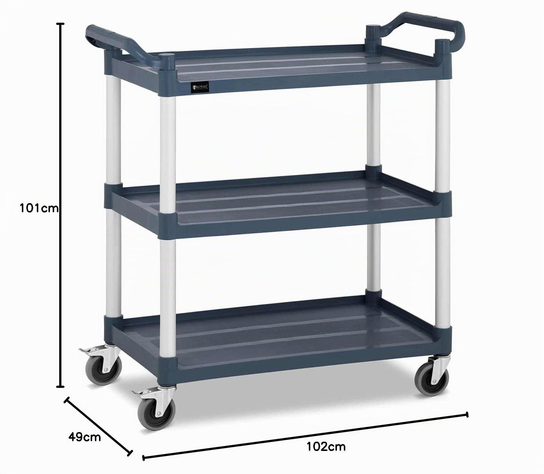 Royal Catering Chariot De Service Cuisine Desserte Débarrassage Restaurant Cantine Vaisselle RC-ST910SS (Capacité 150 kg, Espacement 32 cm, roulettes Pivotantes, 2 Freins, Plateaux 84,5 x 49 cm)