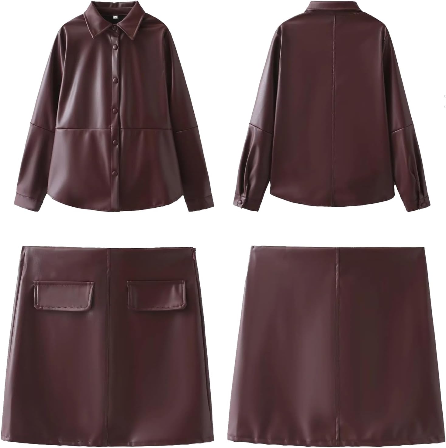 Women's PU Leather 2 Piece Outfits Y2K Long Sleeve Button Up Jacket Bodycon Skirt Going Out Set Streetwear