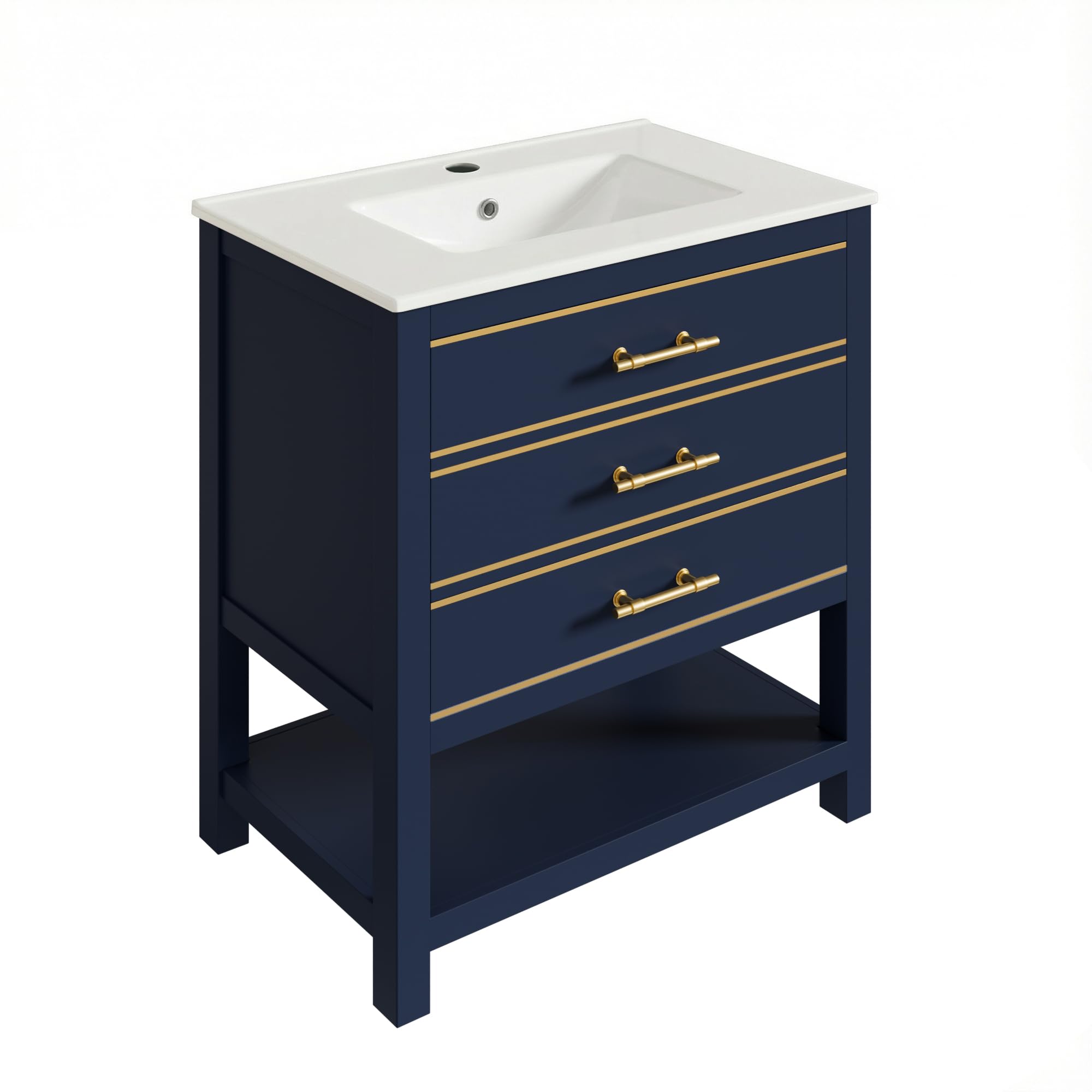Lexiou Mueble de baño con lavabo de cerámica, mueble de baño independiente con 2 cajones y compartimento abierto, asas doradas, sin grifo ni desagüe (negro y azul)