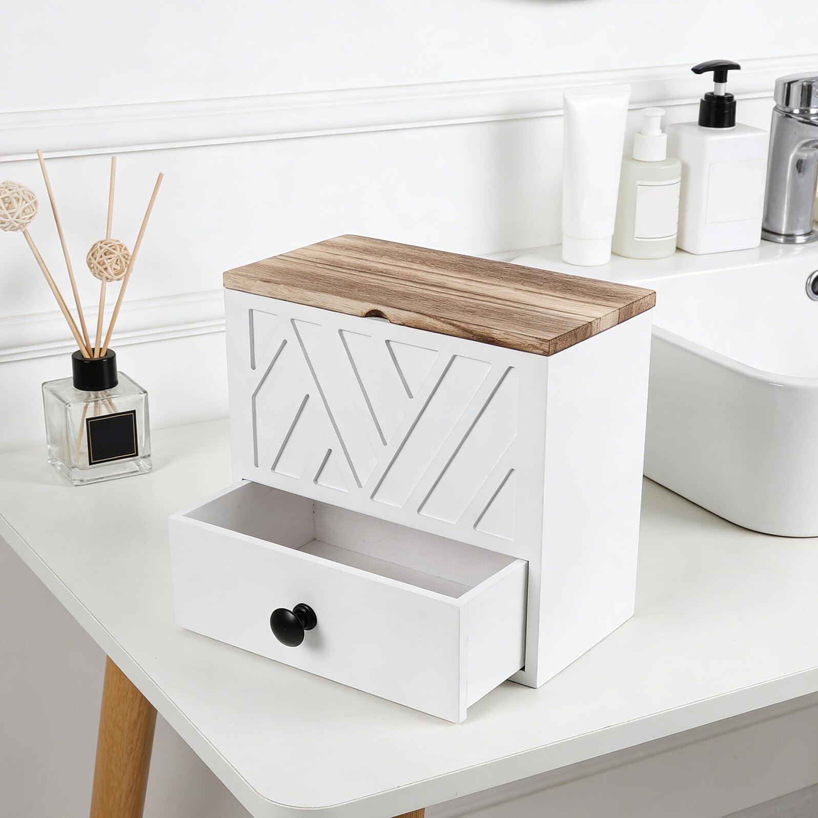 NUOBESTY Elegante Doppelschichtige Aufbewahrungsbox mit Schublade für Badezimmer und Toilette Praktische Weiße Damenhygiene Organizer mit Leicht Zugänglichem Fach