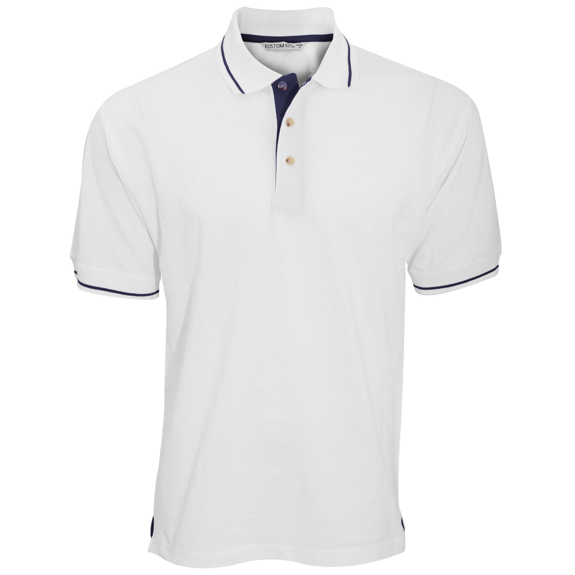 Kustom Kit Mens Short Sleeve Polo Shirts, White/Navy, Large. KK606