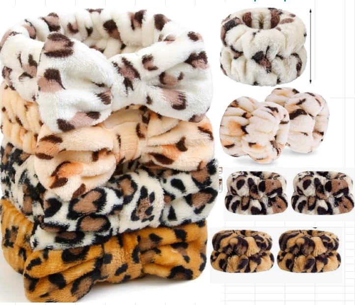 CIEHER 12 PCS Makeup Headband for Women Wrist Washband Scrunchies Cuffs for Washing Face, Soft Leopard Print Spa Headband Matching Wristbands