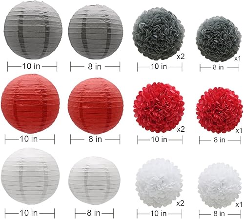 Miniatura 2 de KAXIXI Juego de decoración de fiesta colgante, 15 unidades, flores de papel rojo, gris y blanco, pompones y linternas de papel para boda,
