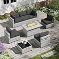 8-Piece Patio Furniture Set With Fire Pit Table, With 5" High-Resiliency Seat Cushions Light Grey Outdoor Modular Wicker Conversation Set, With 43in 55,000 Btu Propane Gas Fire Pit Table,Black