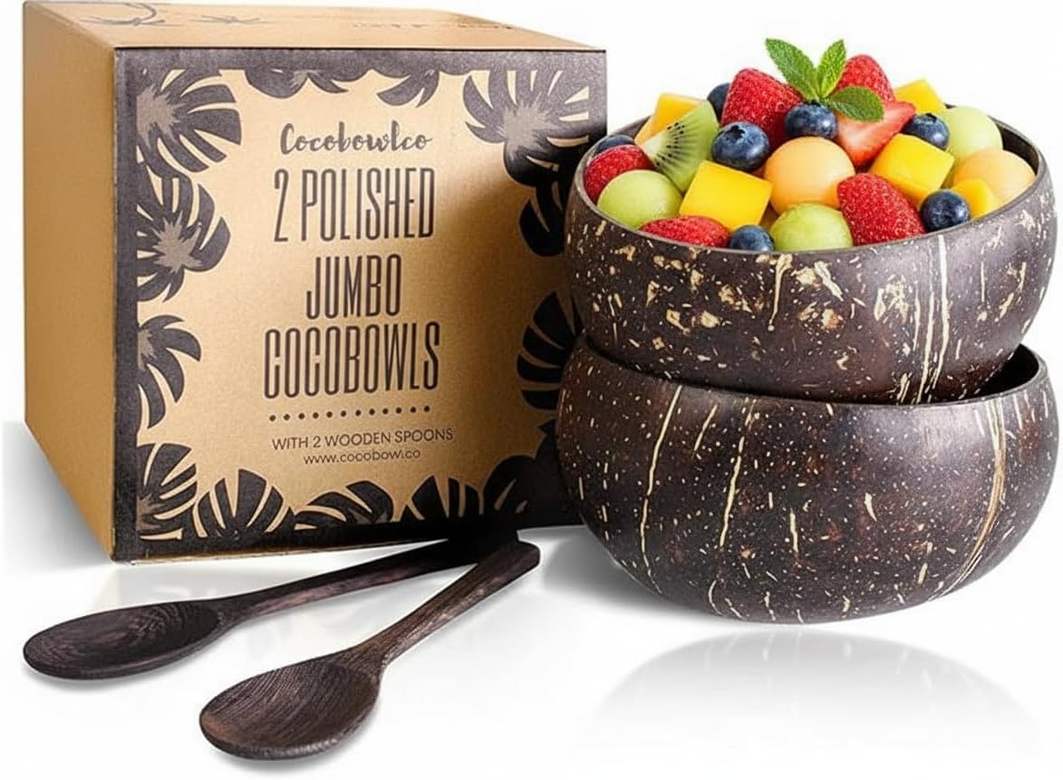 Coconut Bowl Set with Wooden Spoons –White Elephant Gifts For Adults, Christmas Gifts. Eco-Friendly Acai Bowls, Yogurt Bowls & Smoothie Bowl – Ideal for Ninja Creami (2, Jumbo Polished)