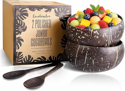 Juego de Cuencos de Coco con Cucharas de Madera  Regalos de Elefante Blanco Para Adultos, Regalos de Navidad. Cuencos Ecológicos de Acai, Cuencos de