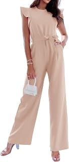 Women Jumpsuits Crew Neck Ruffle Cap Sleeve Belted High Waist Wide Leg Romper with Pockets One Piece Casual Outfits