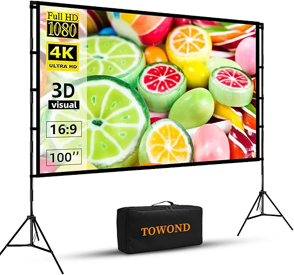 TOWOND Projector Screen with Stand, 100 inch Outdoor Projector Screen Portable Indoor Projection Screen 16:9 4K Rear Front Movie Screen with Carry Bag for Home Backyard Theater