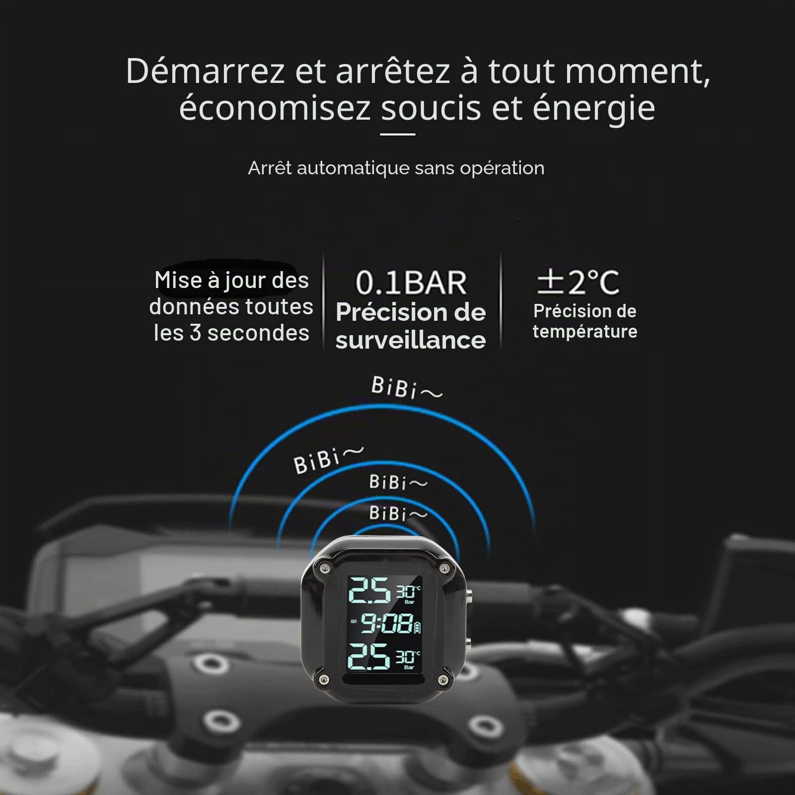Système de Surveillance de la Pression des Pneus de Moto avec 2 Capteurs Écran LCD de USB IP67 étanche TPMS pour une Conduite en Toute Sécurité