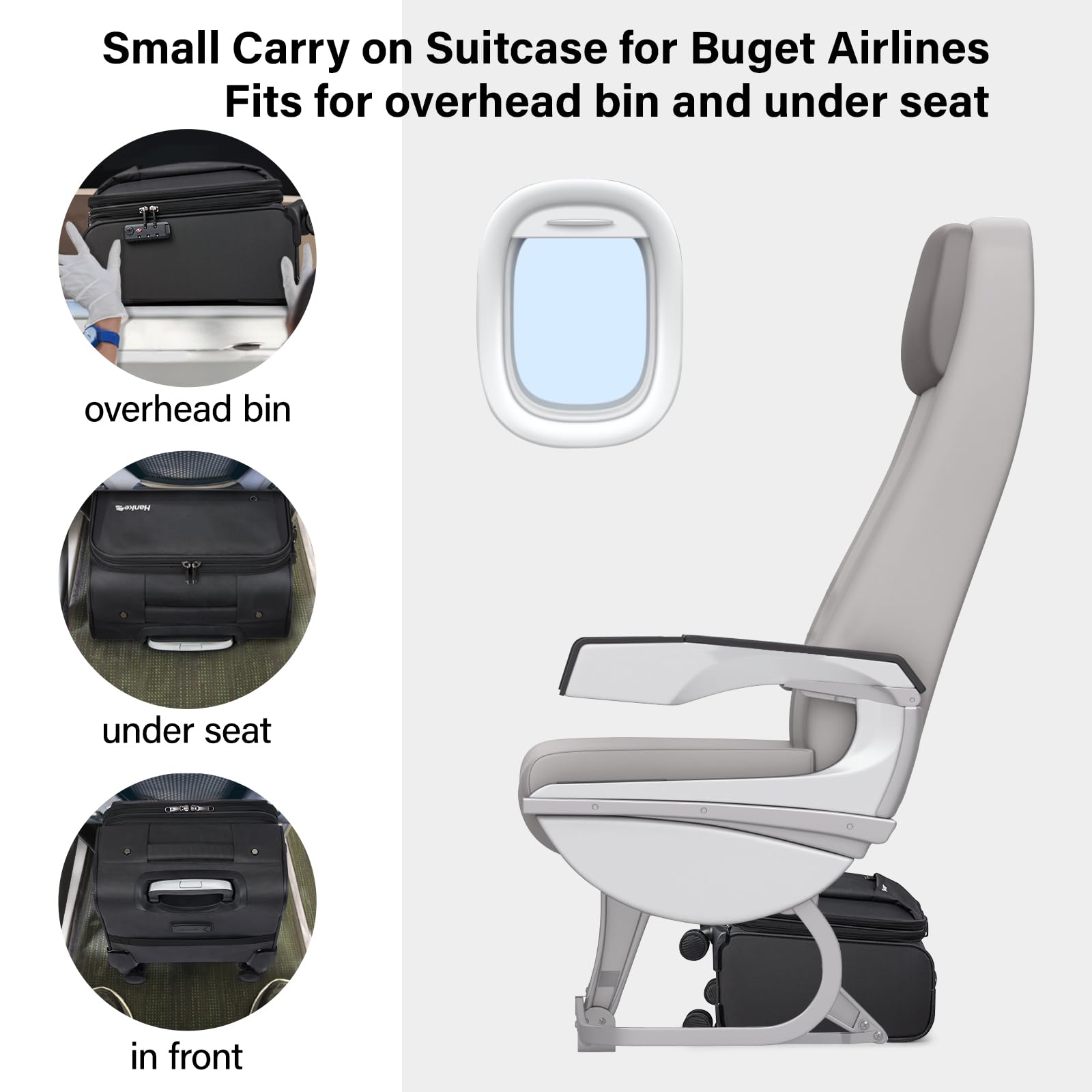 Hanke 16 Inch Underseat Carry On Luggage with Wheels Softside Airline Approved Small Rolling Suitcase Lightweight Square Tsa Luggage Travel Bag for Men Women(Black)