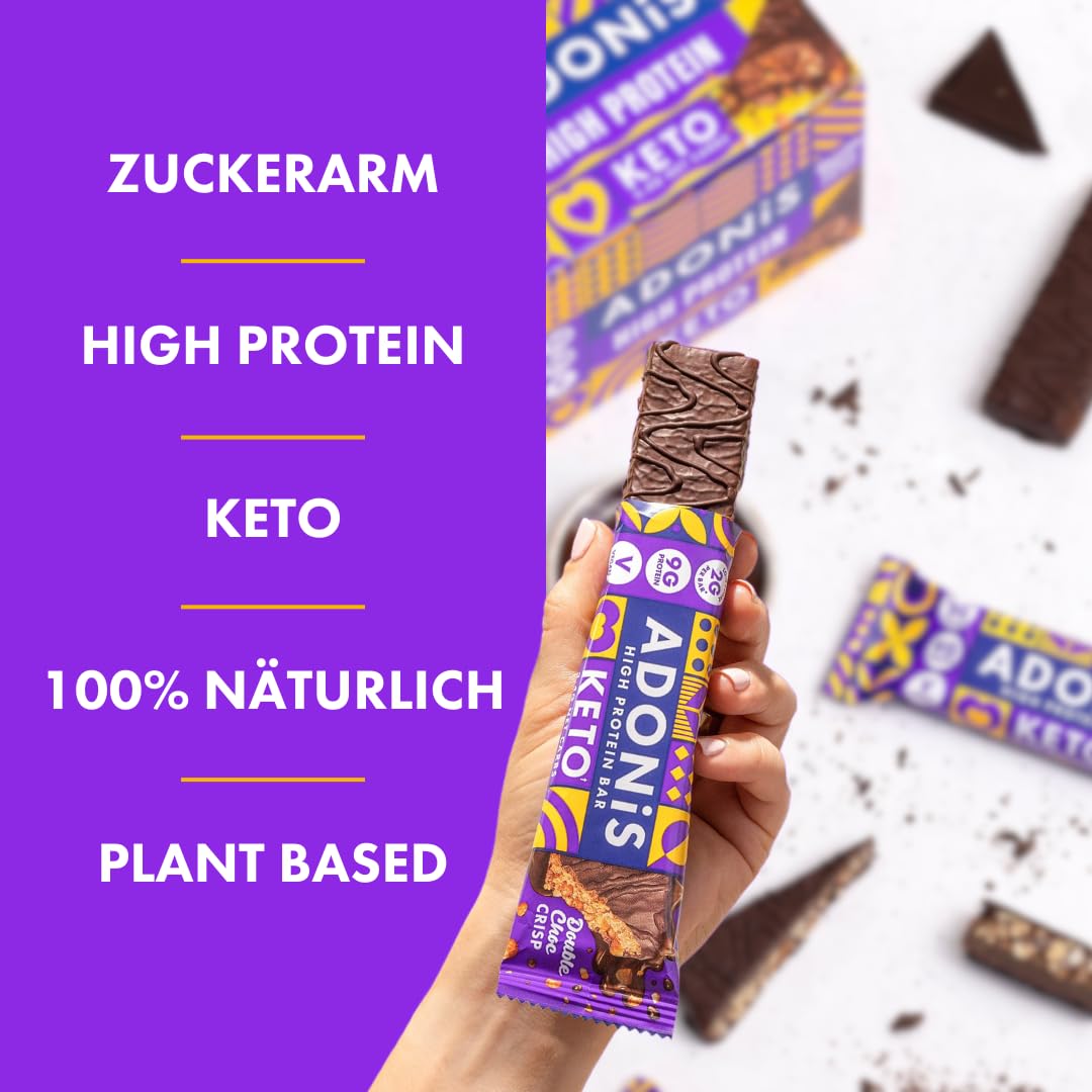 Adonis Keto Riegel Erdnussbutter-Karamell – 16 x 45g | Low-Carb Eiweißriegel | 9g Protein, 2g Zucker | Keto-freundlich, ballaststoffreich | Ohne Zuckerzusatz (Schokolade)