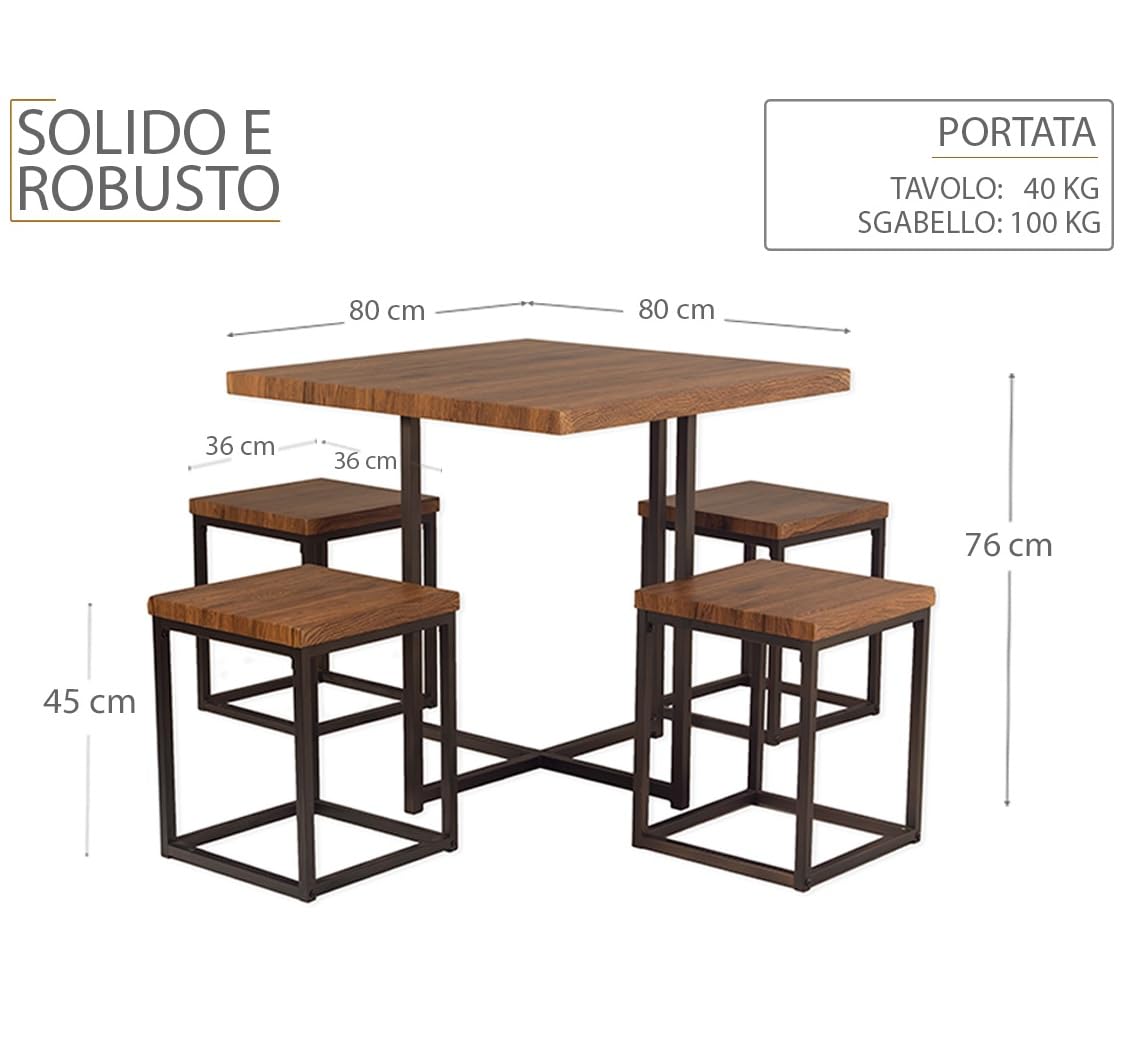 yelloo - Tavolo Bar con Sgabelli Salvaspazio, Angolo Bar per Casa, Tavolino Bar uso Interno, Ideale per Birreria, Pizzeria, Perfetto per Arredare Casa con Stile (Assisi - Tavolo + 4 Sgabelli)