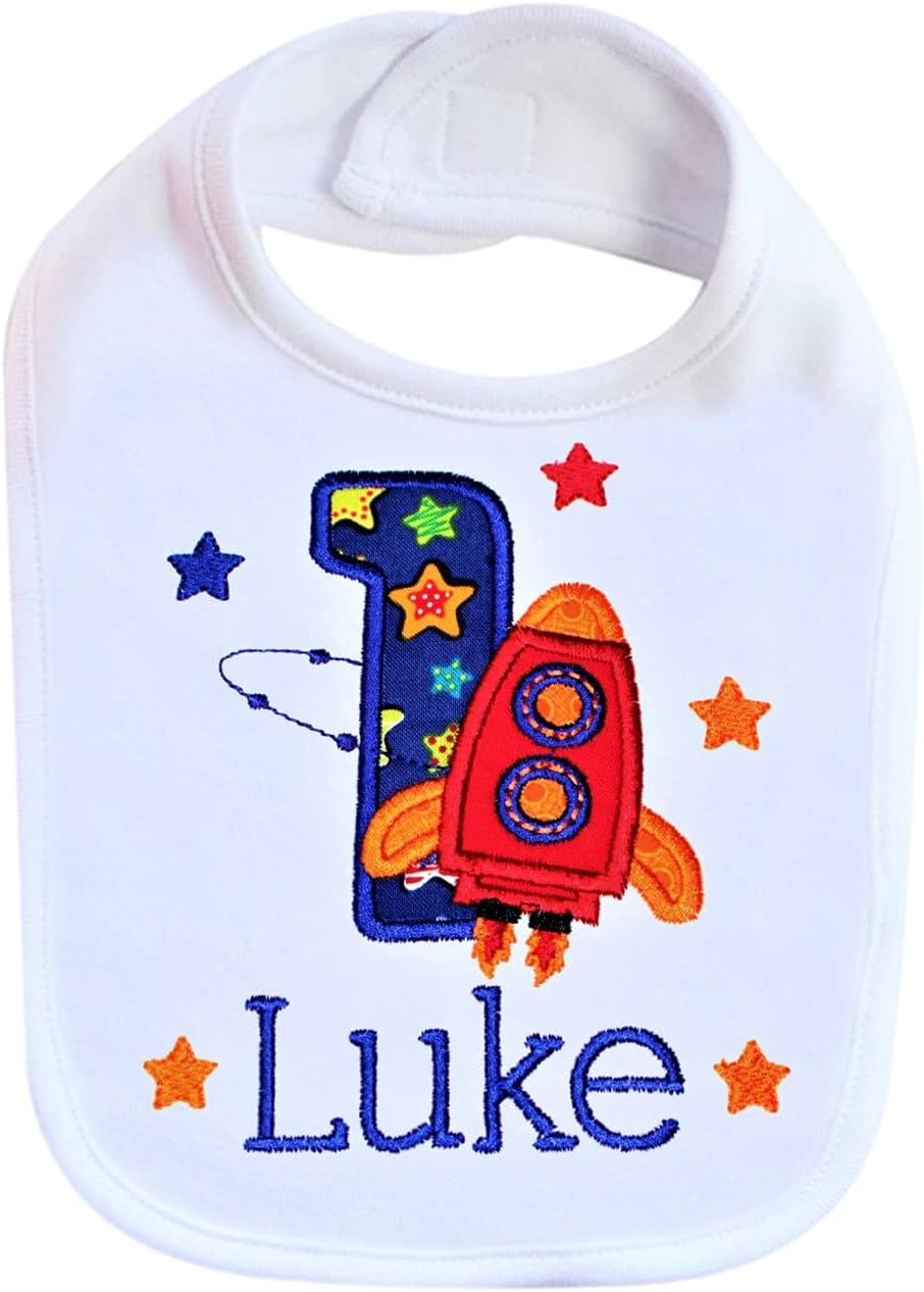 Baby Boy FIRST BIRTHDAY Bib Space Rocket Baby Bib Personalized with Baby Name