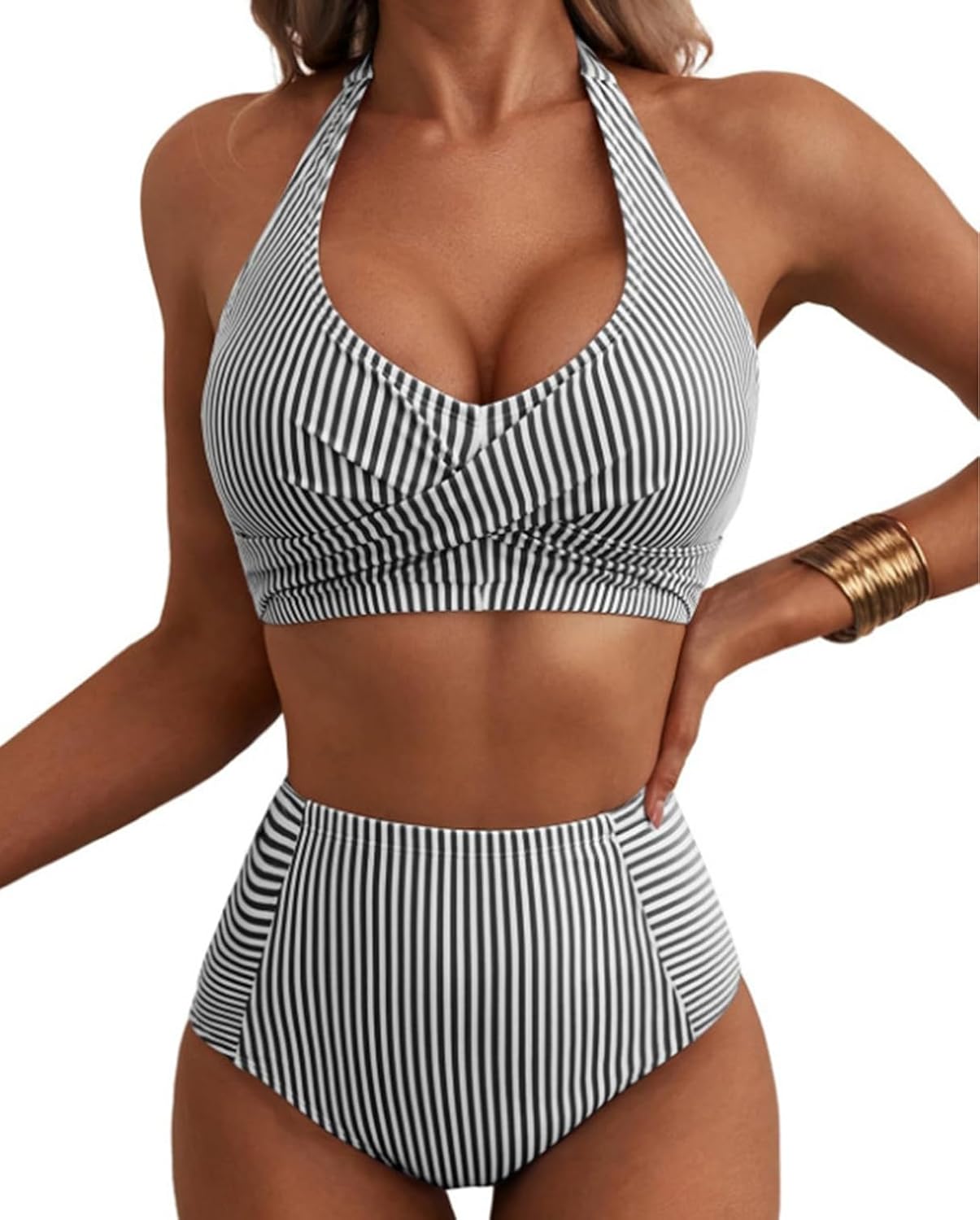 Women's Striped Halter Bikini Set, High Waist Two-Piece Swimsuit, Black and White, Tie Back Swimwear PQ2666