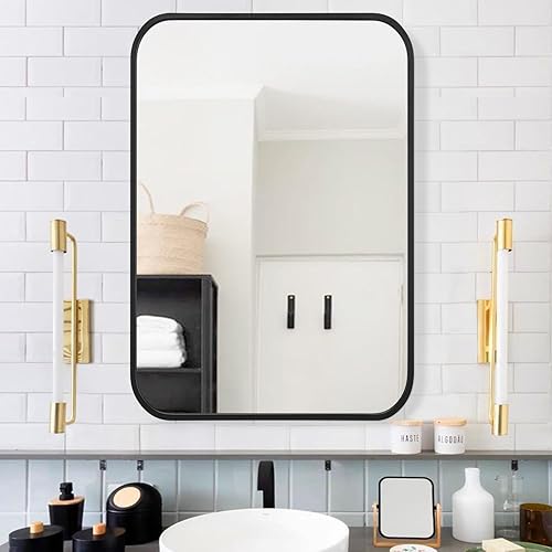 Espejo de baño grande con marco de metal para pared, rectángulo redondeado que se cuelga horizontal o verticalmente, espejo para baño, tocador,