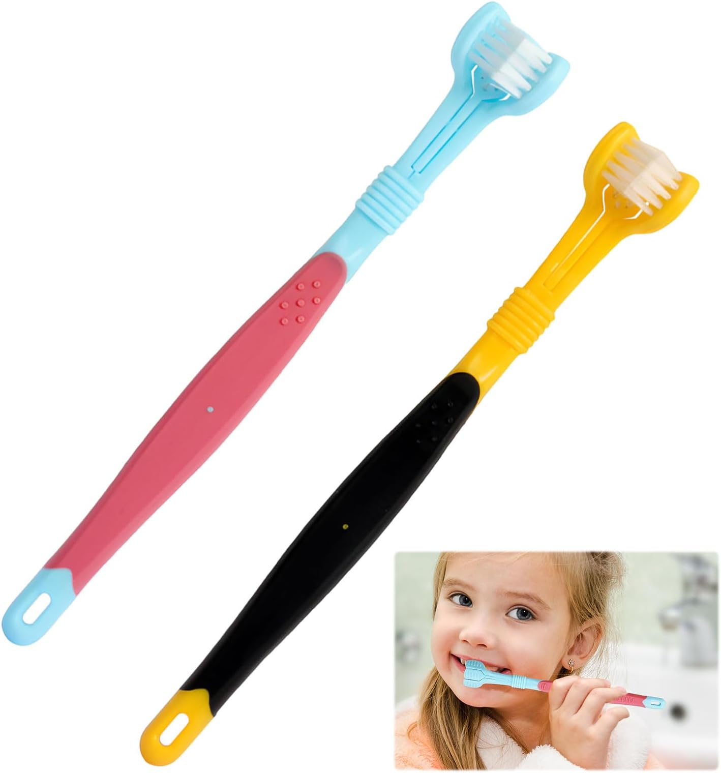 Autism Toothbrush 2 PCS Yellow Black and Red Blue 3 Sided Toothbrushes Kids 3 Sided Sensory Toothbrush Autism for Kids Suitable for Adult and Child Dental Care and Gum Care Sensory Toothbrush Autism