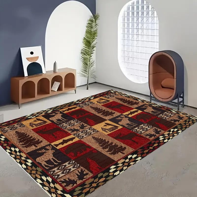 Western Area Rug, 3x4ft, Wild Animals Rug,Southwest Rustic Bear Area Rug,Southwestern Native Cabin Maple Woodland Animals Moose Wolf Washable Carpet,for Bedroom, Living Room, Dining Room.