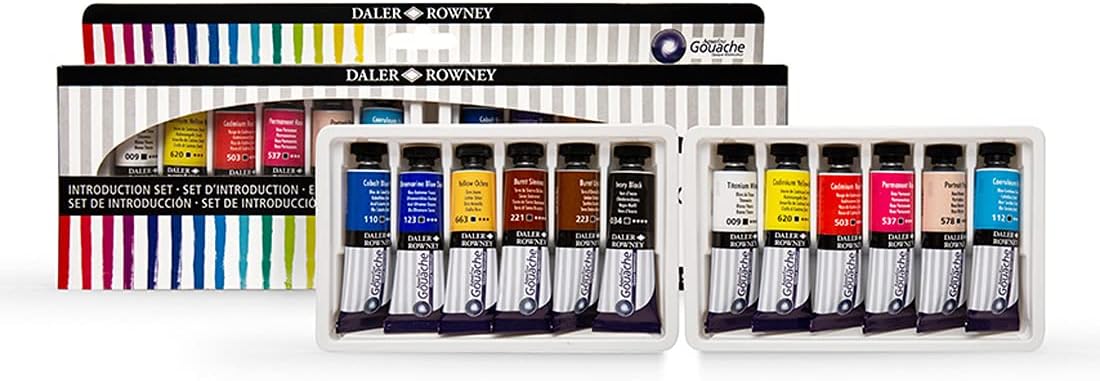 Daler-Rowney Aquafine Gouache Paint Introductory Set of 12 Colours x 15ml Tubes, Ideal for Beginner Artists & Students, Water-Based Paint for Canvas and Paper, Opaque Watercolours