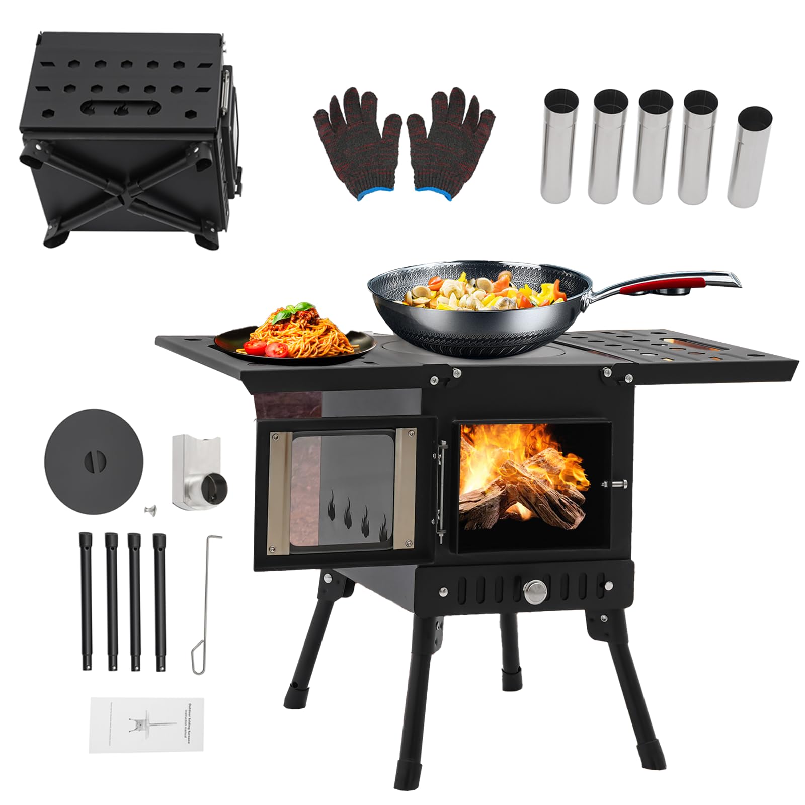 Klappbarer Camping Holzofen, Zeltofen Outdoor-Küchenofen mit Schornstein, Camping Feuerstelle Terrassenofen, Tragbarer Outdoor Kocher Ofen Herd Heizung für Wandern/BBQ/Garten,36-56cm Höhenverstellung