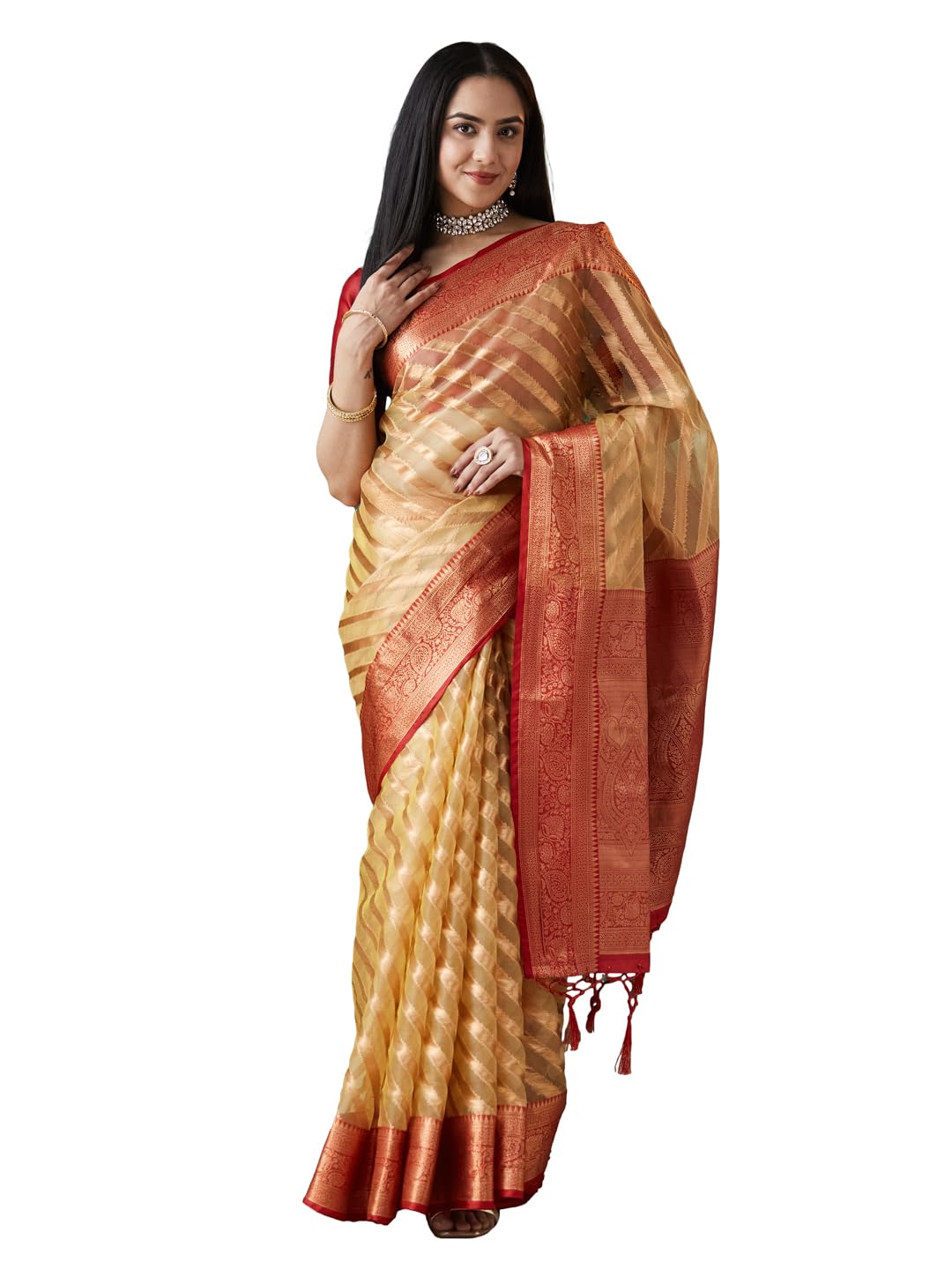 Women’s Soft Organza Silk Saree | Banarasi Style Stripes [Leriya] Saree With Unstitched Blouse Piece | Wedding Collection