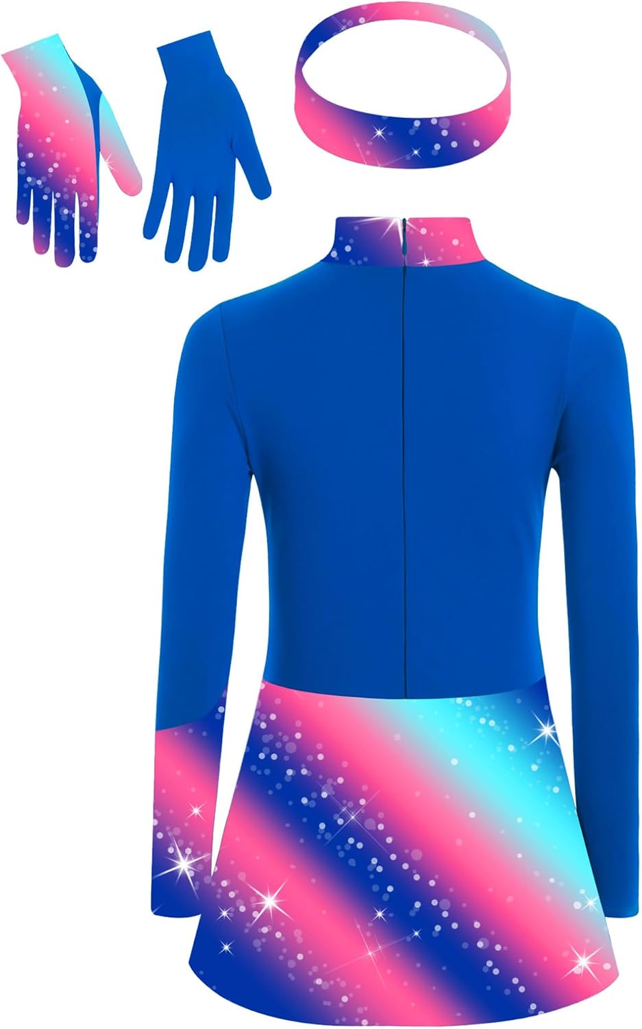 FEESHOW Kids Girls Sparkly Velvet Figure Ice Skating Dress with Gloves Headband Set Long Sleeve Printed Dance Outfits