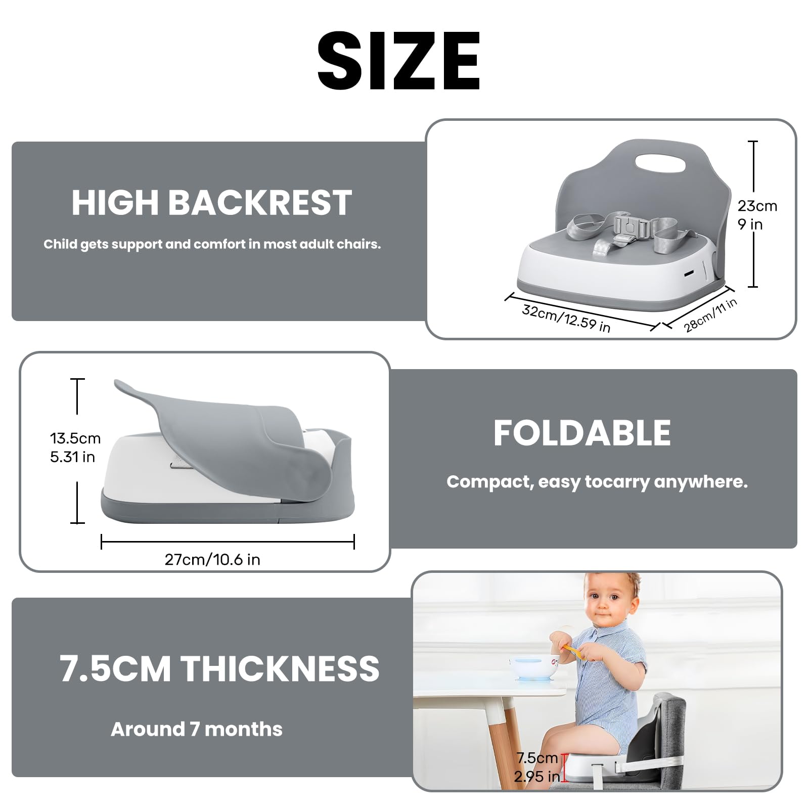 UBRAVOO Asiento Elevador, Cojín Elevador Portátil, Triple Fijación, Asa de Transporte Plegable Portátil, Adecuado para Niños de 6 a 36 Meses (Gris-2)