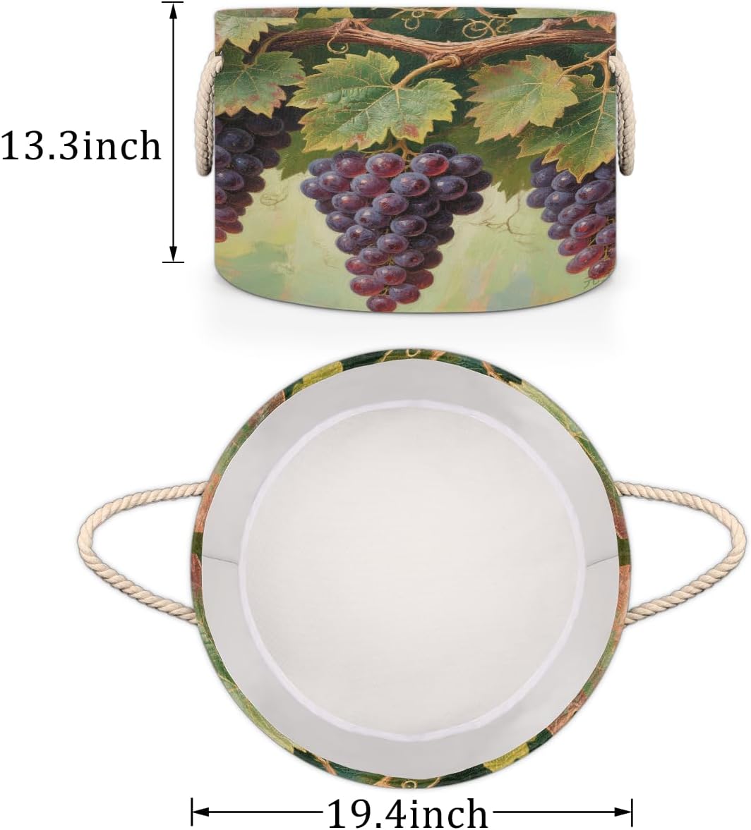 Large Storage Baskets - Purple Grapes Nursery Round Collapsible Organizer Bin Box, Laundry Hamper for Kids Toys, Blanket, Bedroom Living Room Home Decor, Gift Basket, 19.4"x13.3"