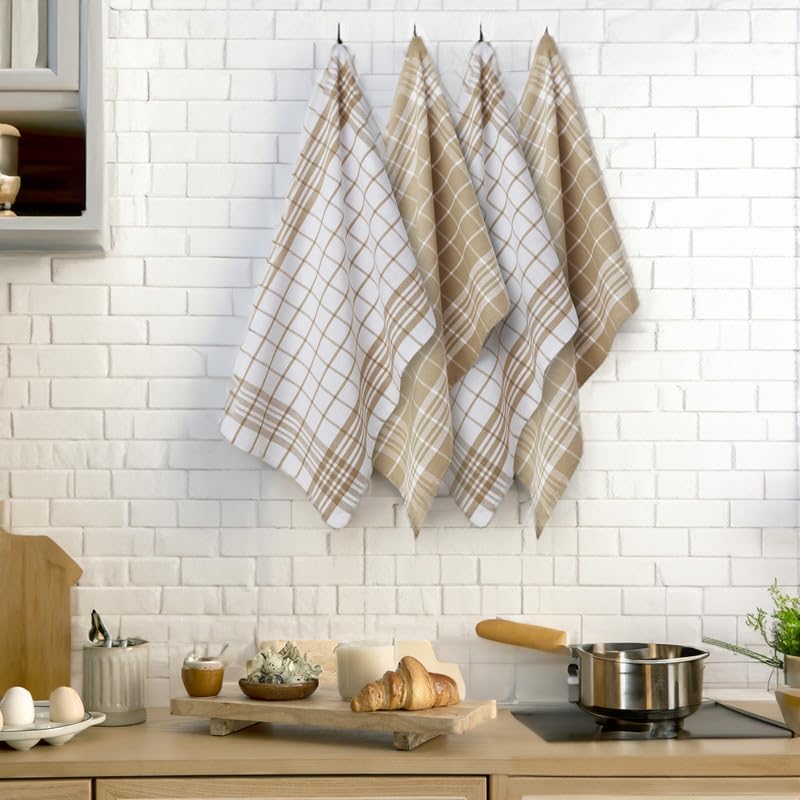 Image of Encasa XO Kitchen Towels and Dish Cloths Sets | Beige Non-Terry Highly Absorbent Cotton Terry Towels | 70x45 cm | Multipurpose for Washing Dishes and Cleaning Pack of 4