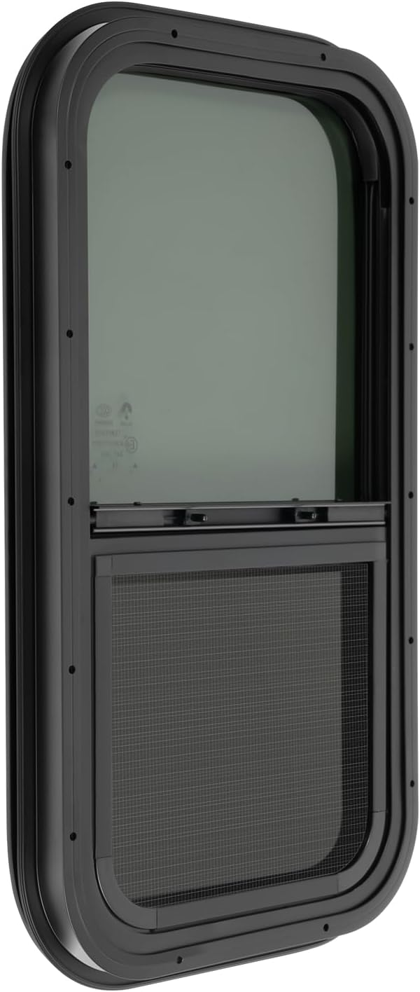 RV Windows, 12" W x 22" H Replacement Camper Windows, Tinted Sliding RV Side Window with Net Screen and Trim Ring, Fit for 1" or 1-1/2" Thickness Wall
