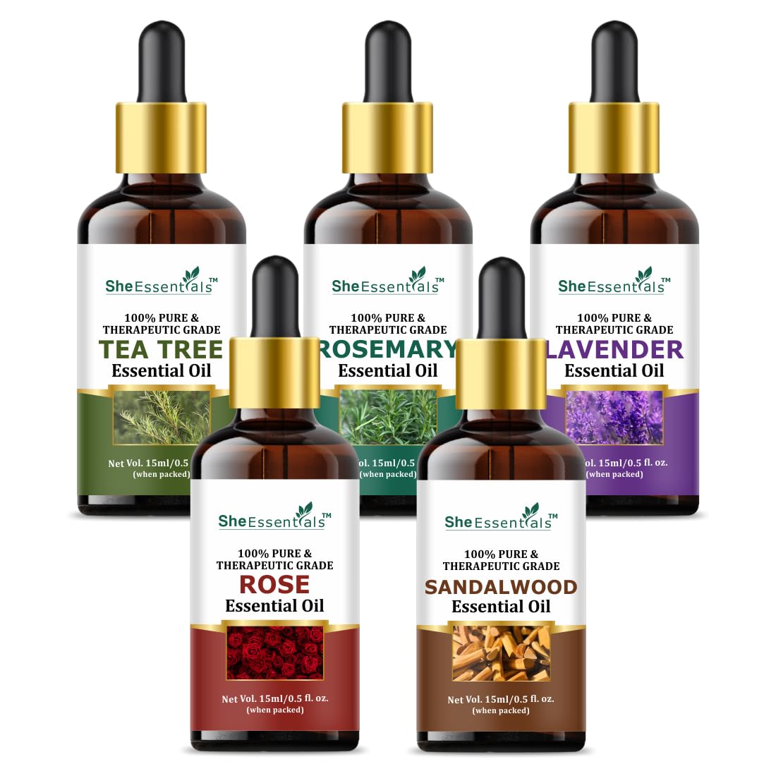 Tea Tree, Rosemary, Lavender, Rose & Sandalwood Essential Oils - Combo Set | Reduces Acne, Blemishes, Wrinkles & Promotes Hair Growth, Glowing Skin |For Women & Men -15Ml
