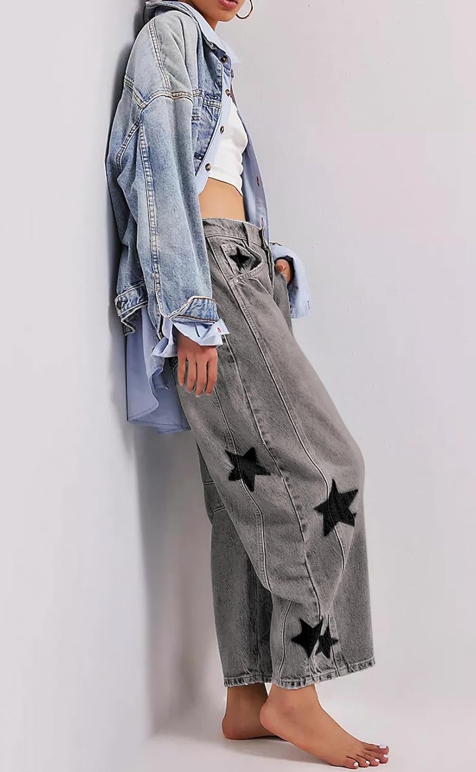 CHARTOU Y2k Barrel Jeans Women Wide Leg Baggy Distressed Printed Boyfriend Horseshoe Denim Pants - Image 4