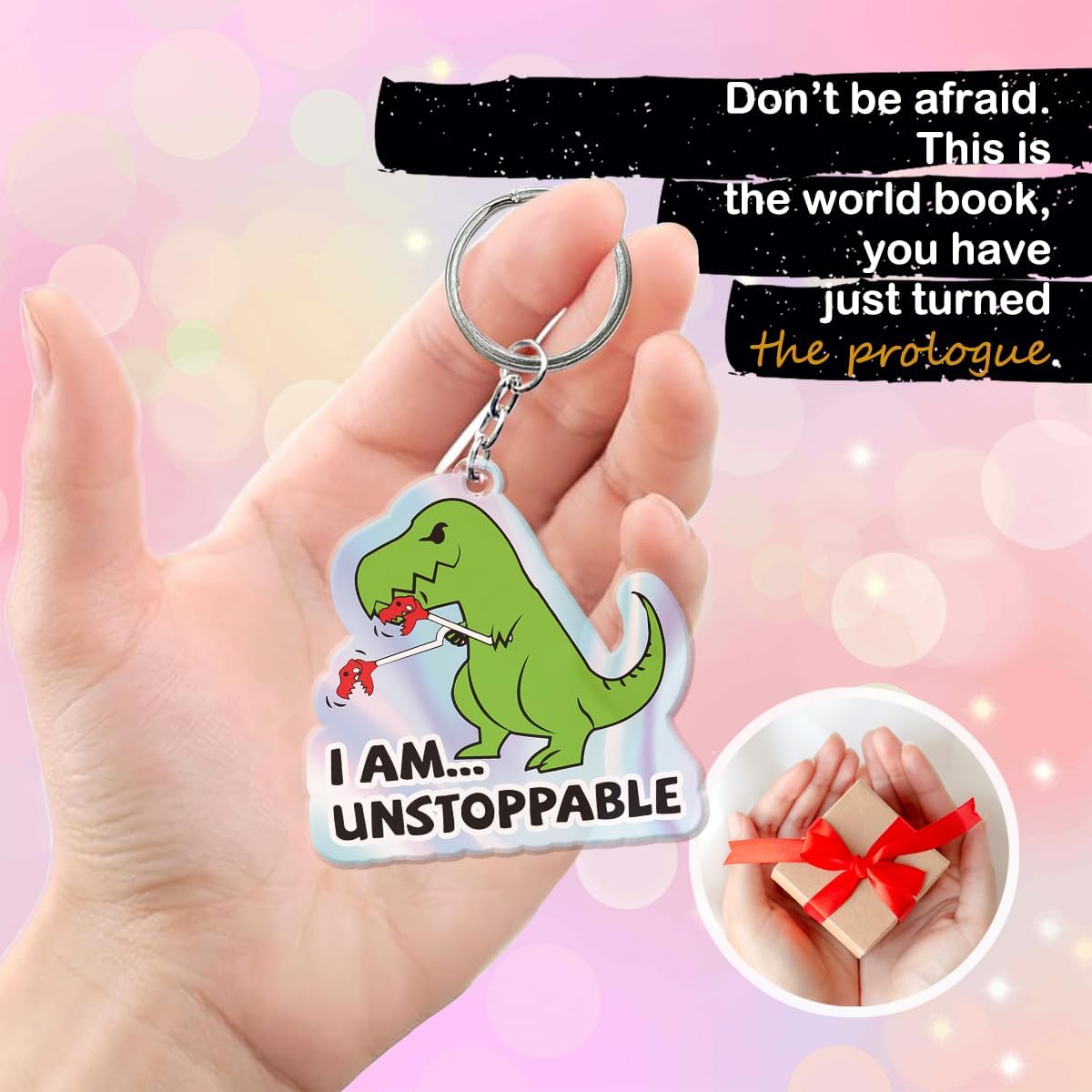 Funny Dinosaur Keychain for Kids Teen Women, I Am Unstoppable T-Rex Work Acrylic Key Ring Accessories, Funny Gag Gifts for Friends Coworkers for Adults