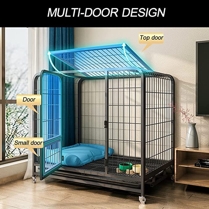 Gabbia per cani Gabbia per animali domestici in metallo resistente con vassoio e ruote per cani di grossa taglia Recinzione per interni ed esterni (Black 110 * 72 * 95CM)