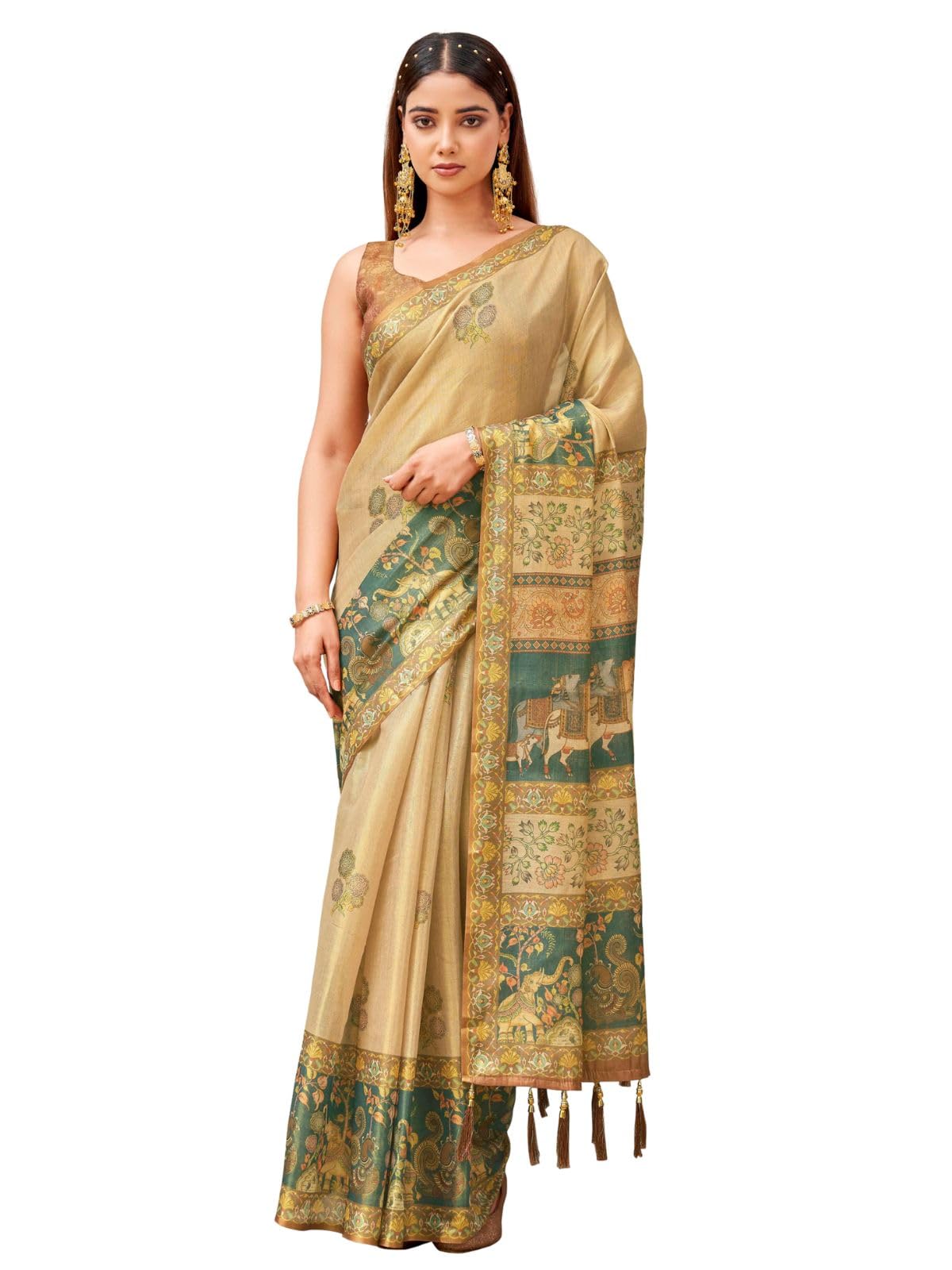 Kalamkari Print Polyester Saree with Brown Printed Unstitched Blouse Piece-image-26