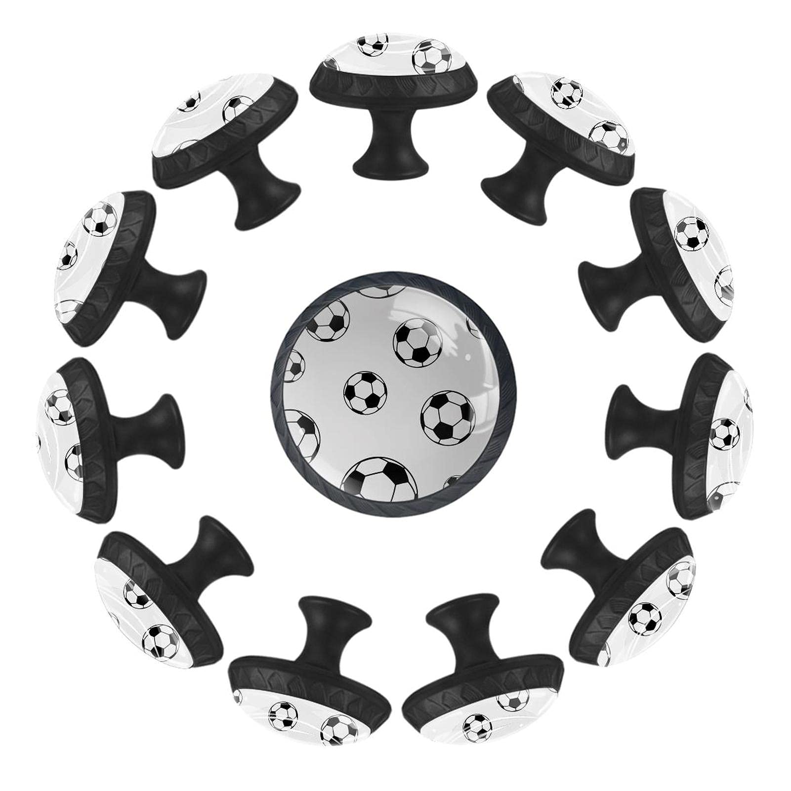 Boutons de tiroir football de 35 mm en lot de 12 boutons ronds blancs et noirs pour meuble