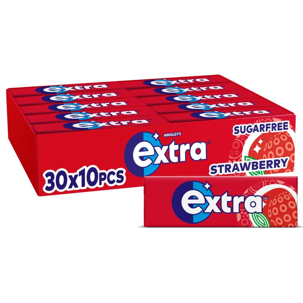 Wrigley's Extra Chewing Gum, Strawberry Flavour, 30 Packs of 10 Pieces, Sugar Free Chewing Gum Bulk Pack with Xylitol (300 pieces)