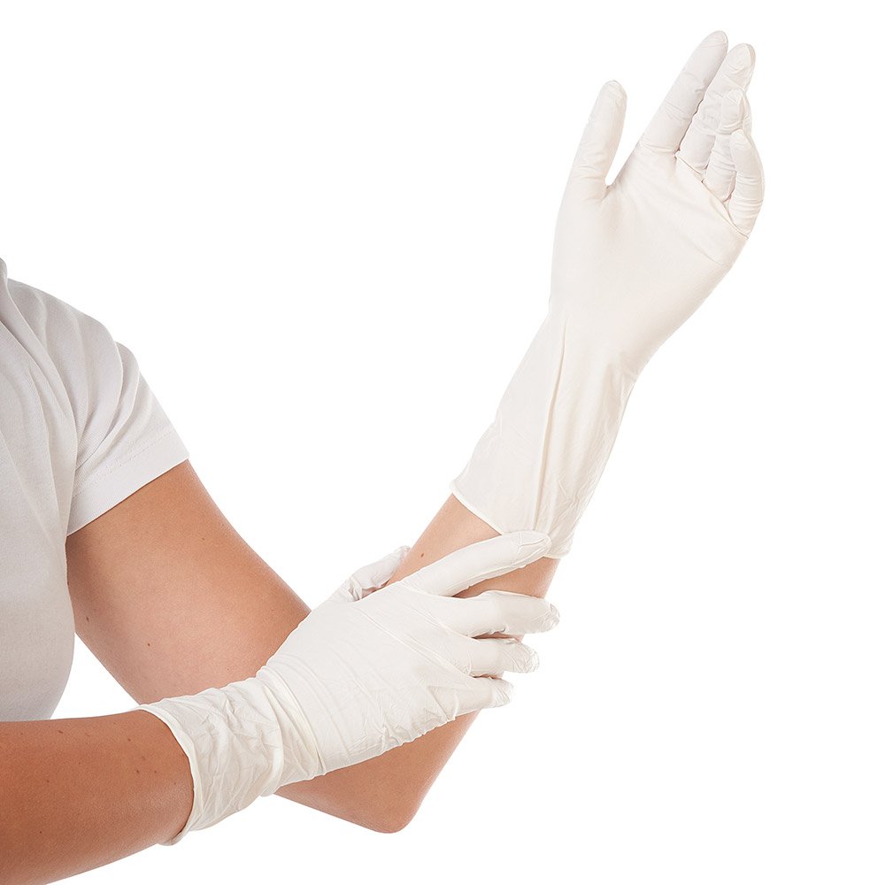 Franz Mensch Hygostar Nitrilhandschuhe Safe Long – puderfrei, latexfrei, extra lang (30 cm), 100 Stück, Größe 10/XL, weiß