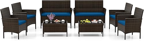 Miniatura 15 de HAPPYGRILL Juego de 4 muebles de mimbre para exteriores, juego de muebles de mimbre para patio con sillas de dos plazas y mesa de café de vidrio