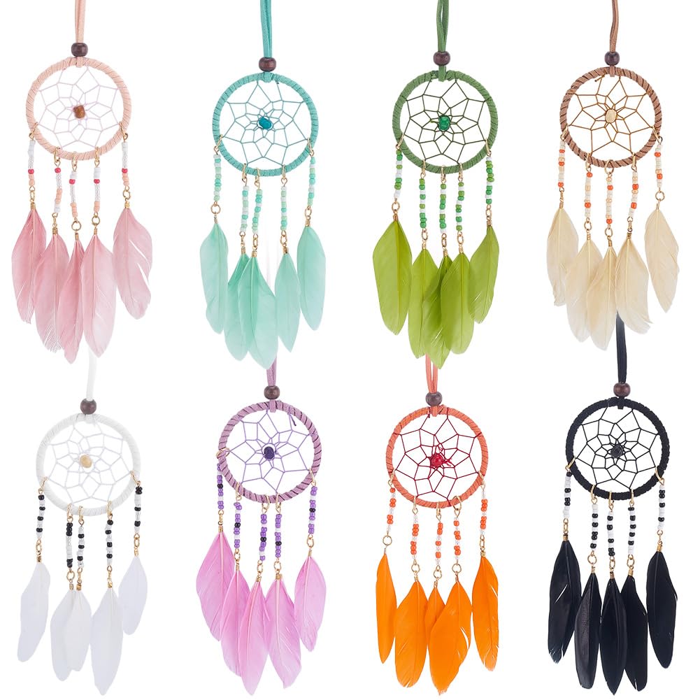 WEBEEDY 8 Couleurs Attrape Rêves de Petite Taille pour Décorer Le Rétroviseur de la Voiture Attrape Rêves Fait Main avec Pendentif Plume et Perles pour Voiture Chambre Décor de Maison 27cm Longueur