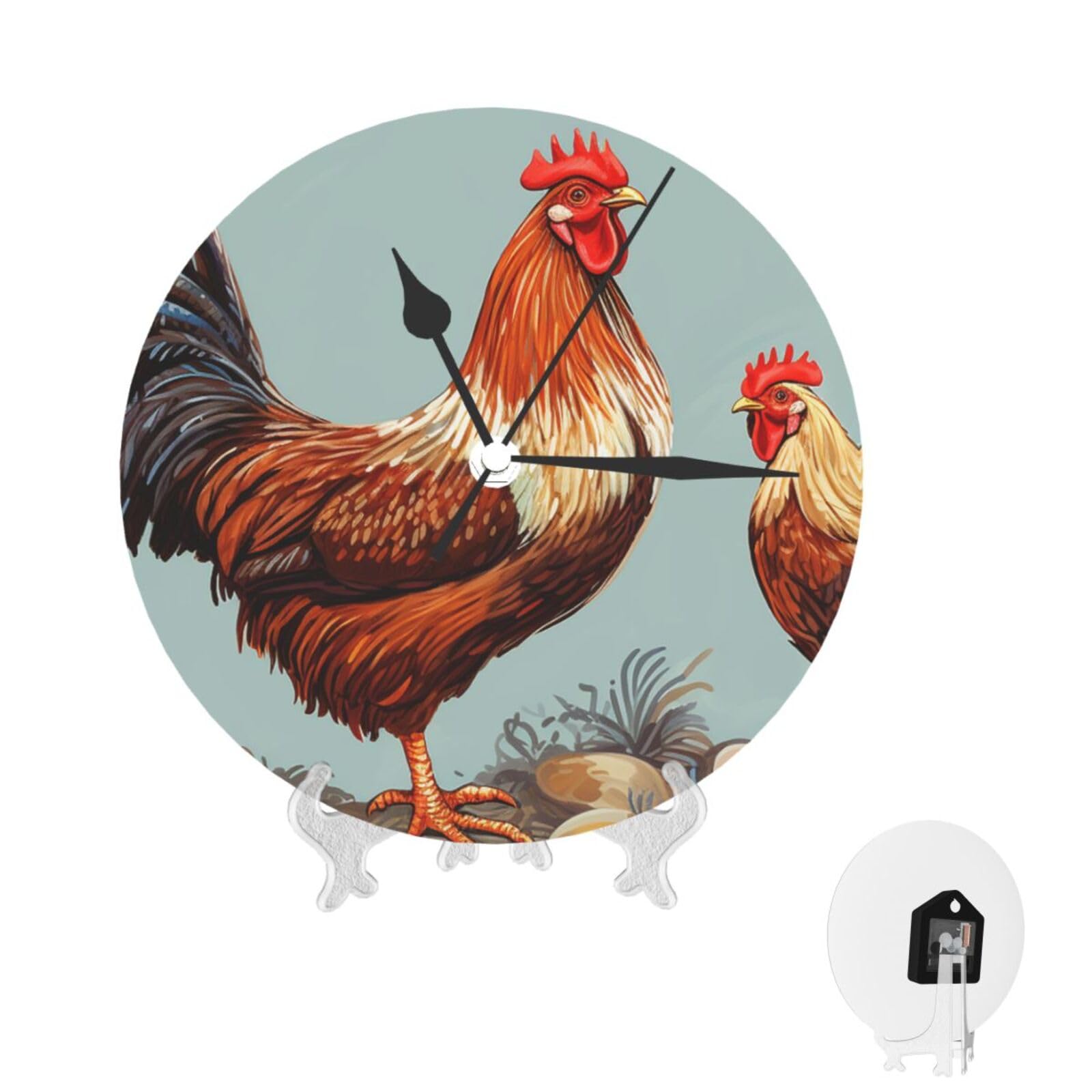 Fodpand White Chicken Print Wall Clock 10 Inch, Decorative Wall Clocks Battery Operated Silent Non Ticking, Modern Round Clocks - Analog Small Classic For Office, Home, Living Room