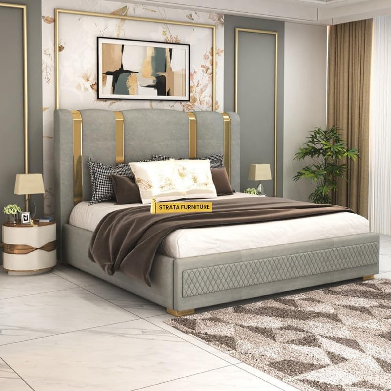 Image of STRATA FURNITURE Solid Wood Queen Size Bed with Box Storage and Upholstered Headboard | Modern Wooden Double Bed Cot Palang Furniture for Bedroom, Hotels, Living Room, and Home (Grey)