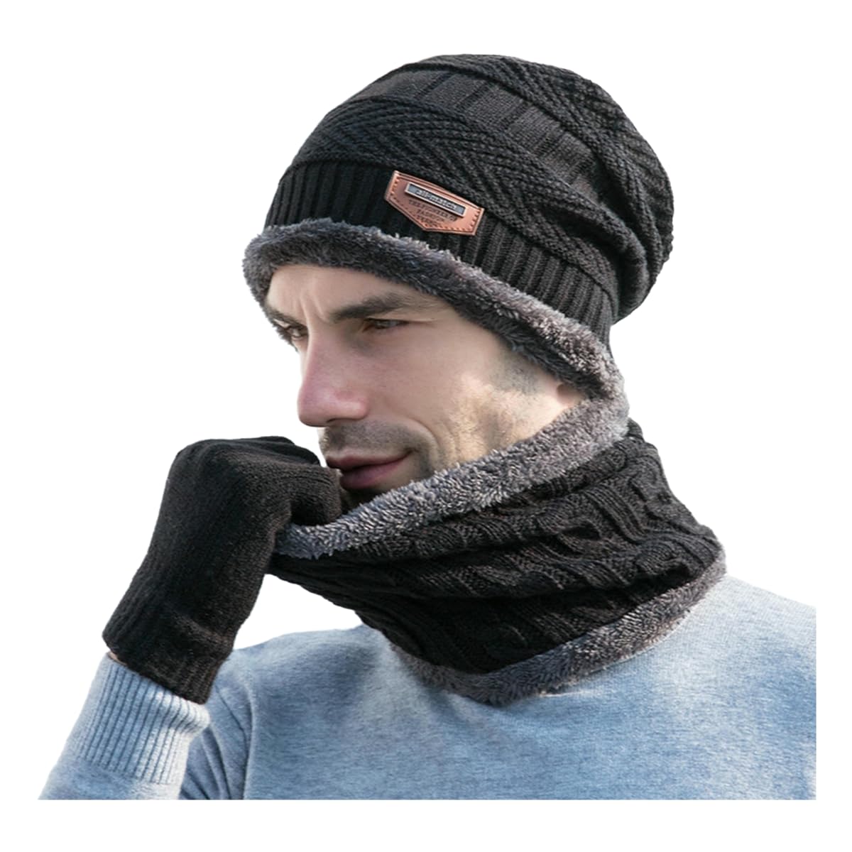 Set de gorro bufanda y guantes de lana negros para invierno y exterior